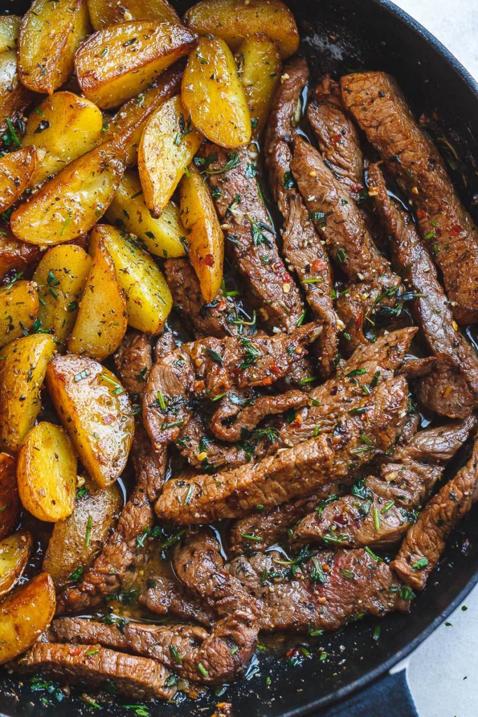 garlic steak and crispy sweet potatoes