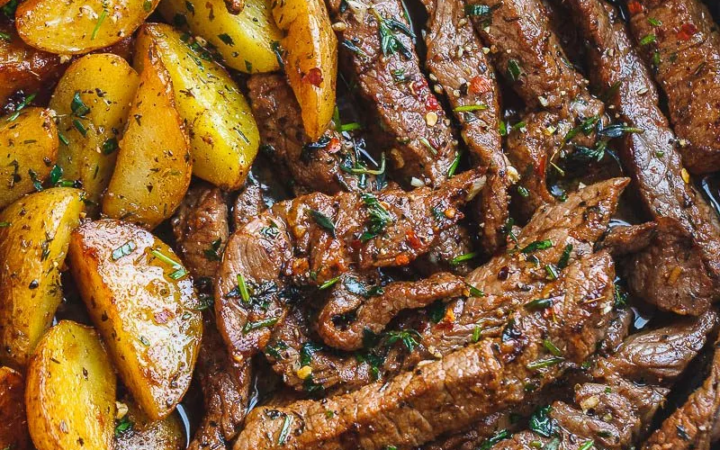 garlic steak and crispy sweet potatoes