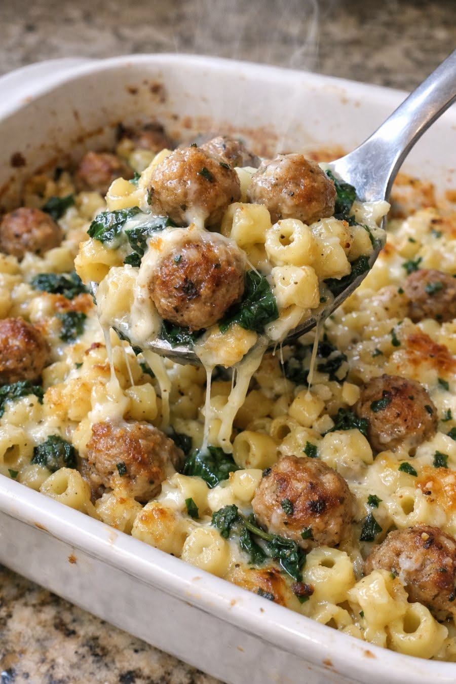 Cheesy Meatball Spinach Pasta Bake